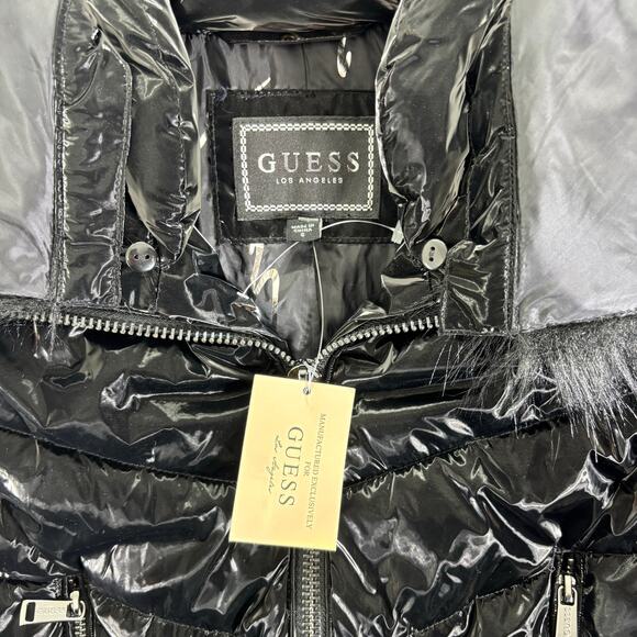 NWT GUESS Black Puffer Jacket Faux Fur Collar Shiny Stretch Womens Small Quilted - Picture 5 of 6